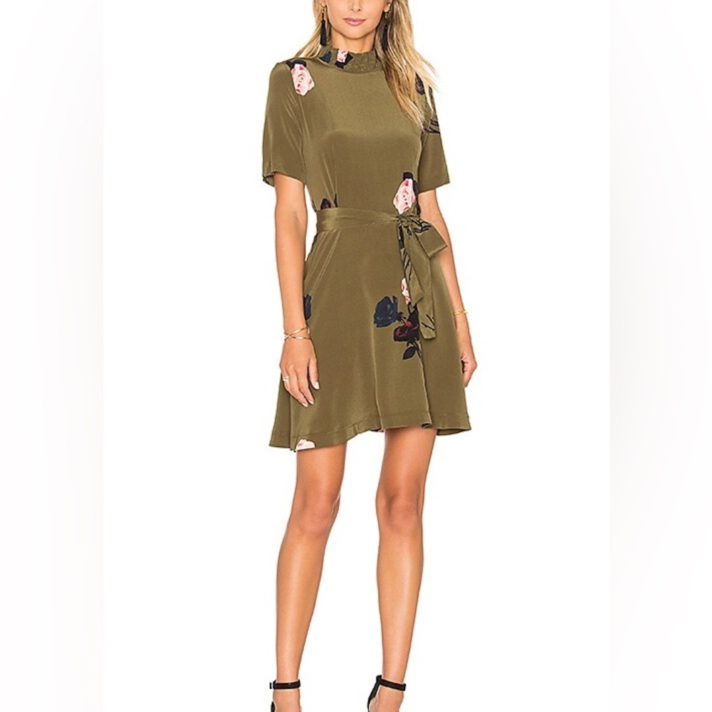Ganni Donaldson Silk Mini Dress in Dark Olive Roses | Size M